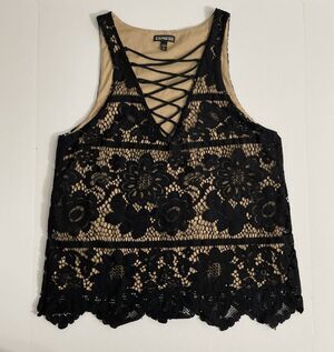 Express Black Eyelet Lace Criss-Cross V-Neck Tank Top Romantic Gothic